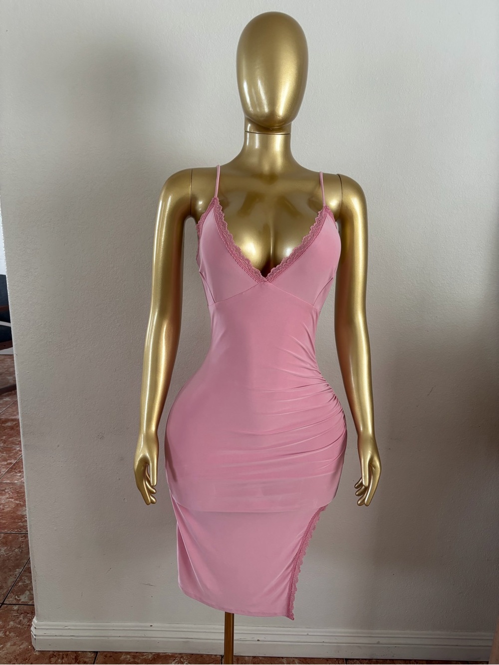 Pink Lace Trim Bodycon Slip Dress